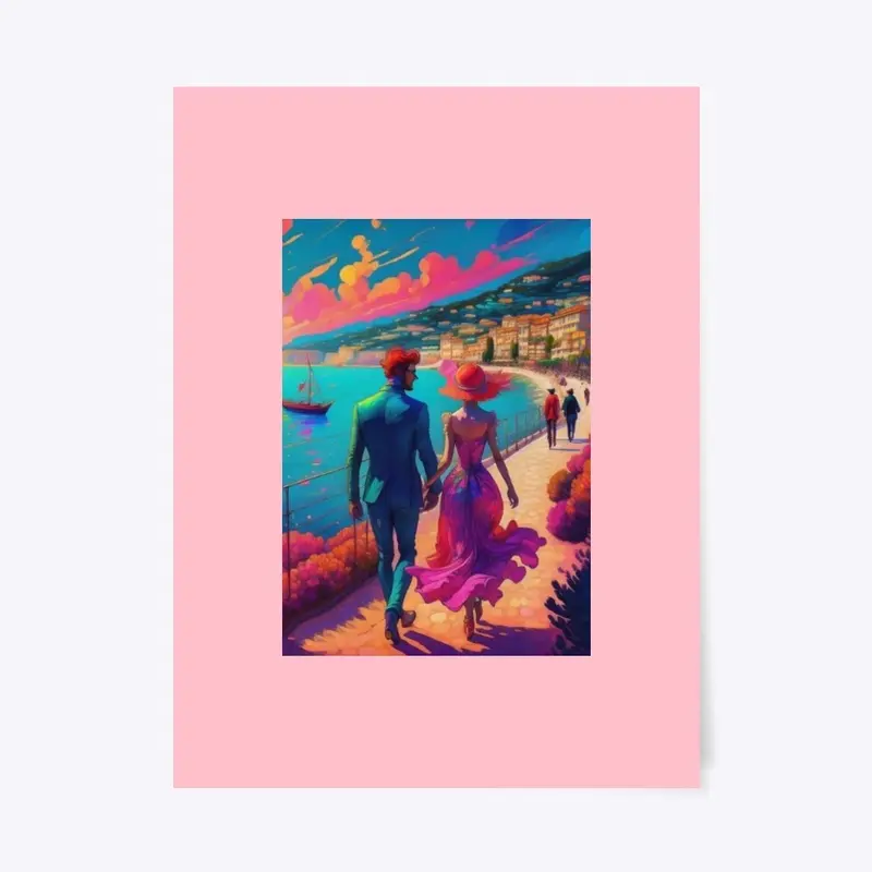 Lovely couple walking in beach print